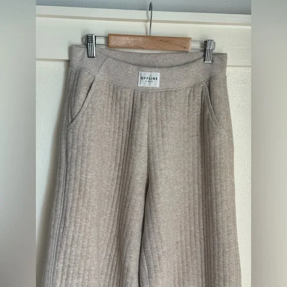 Offline by Aerie Ribbed Wide Leg Lounge Pants Beige Soft Cozy XS Quilted - Picture 5 of 10